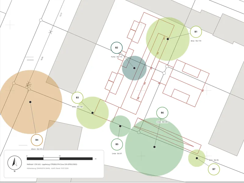 Baumbestandsplan mit sieben farbigen Kronenkreisen, nummerierten Baummarkern und rot dargestelltem geplantem Neubau auf Katastergrundlage.